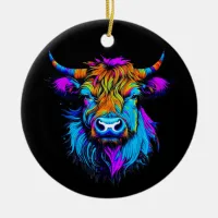 Cyberpunk Colorful Ai Highland Cow Christmas Ceramic Ornament