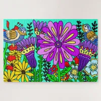 Pretty Colorful Folk Art Style Bird and Flowers Po Jigsaw Puzzle