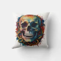 Skull Head with multi-colored Paint Splashes Throw Pillow