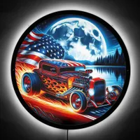 Hot rod racing under a full moon American flag LED Sign