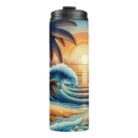 Mosaic Ai Art | Ocean Sunset and Palm Trees Thermal Tumbler