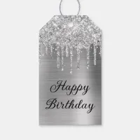 Silver Glitter Drips Foil Happy Birthday Gift Tags