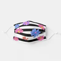 Trendy Floral Black & White Stripes Pattern Adult Cloth Face Mask