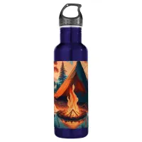 Tent and Campfire Vintage Colors Art Stainless Steel Water Bottle