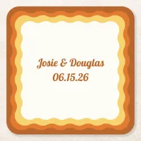 Wavy Border Retro 70s Vintage Aesthetic Wedding Square Paper Coaster