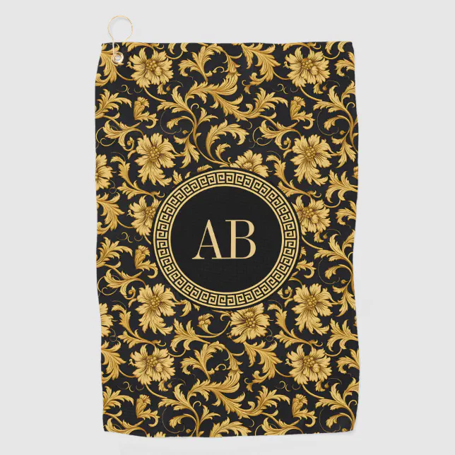 Monogram Black Gold Classy Elegant Pattern Golf Towel