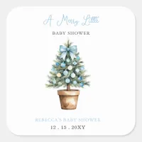 Blue Bow Christmas Tree Merry Little Baby Shower Square Sticker