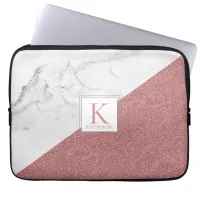 Trendy Marble Blush Pink Glitter Girly Monogram Laptop Sleeve