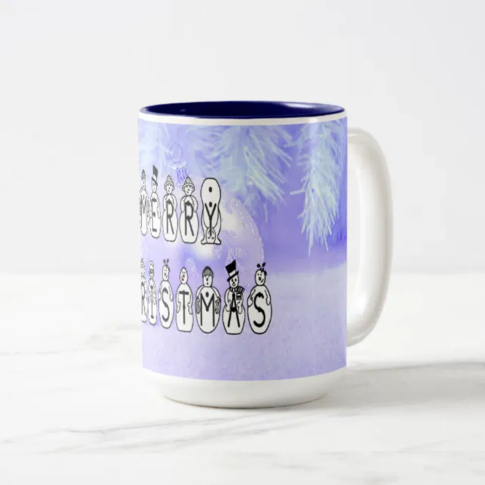 Merry Christmas Snow People Font, Blue Tint Snow Two-Tone Coffee Mug