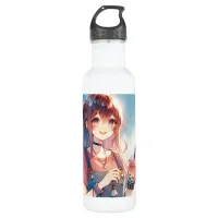 Cute Anime Girl Holding a Boba Tea Stainless Steel Water Bottle