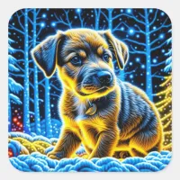 Cute Puppy Dog Playing in Snow Christmas Square Sticker