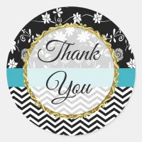 Gold, Black and Blue Floral Thank You Stickers