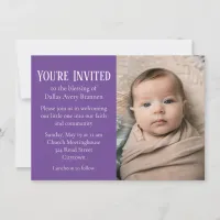 Purple and White Polka-dot Photo Baby Blessing Inv Invitation