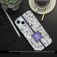 Hand Drawn White Floral Pattern Purple Monogram iPhone 15 Plus Case