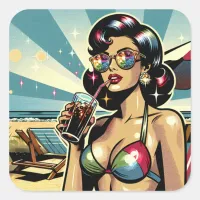 Beautiful Pinup Woman with a Cola on the Beach Square Sticker