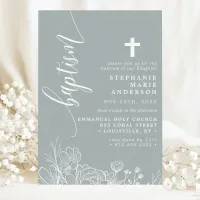 Dusty Sage White Floral Elegant Script Baptism Invitation