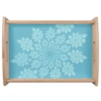 Romantic white fractal ornaments on blue serving tray