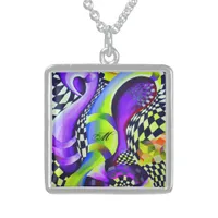 80`s Retro Geometric Abstract Pattern Sterling Silver Necklace