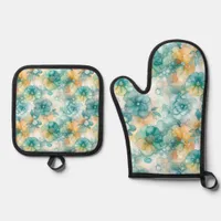 Teal and Yellow Flowers Alcohol Ink Illustration  Oven Mitt & Pot Holder Set