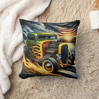 Vintage hot rod racing by a lakeside at sunset throw pillow