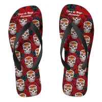 Sugar Skull Cinco de Mayo Red Floral Add Name Flip Flops