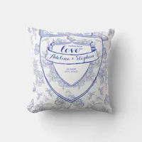 Vintage Victorian Elegant Crest Blue Toile Wedding Throw Pillow