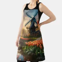 Windmill in Dutch Countryside by River with Tulips Apron