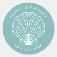 Light Teal Blue Seashell Beach Coastal Wedding  Classic Round Sticker