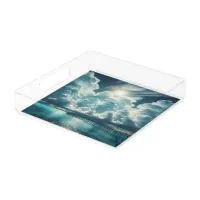 Beautiful Ocean, Dock and Fluffy Clouds Acrylic Tray