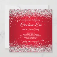 Faux Sparkly Silver Glitter Christmas Red Invitation