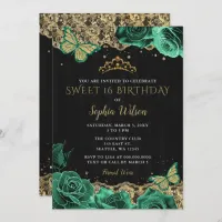 Vintage Green Roses Black Gold Lace Sweet 16  Invitation