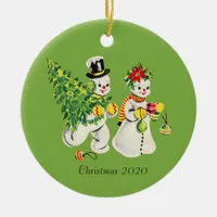 Retro Snowcouple on Green Background Ceramic Ornament