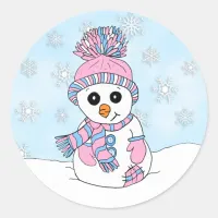 Cute pink and blue Snowman and Snowflake Christmas Classic Round Sticker