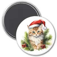 Cute Kitten as Santa Christrmas Cat Watercolor Art Magnet