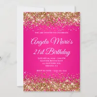 Gold Glitter Hot Pink Fancy Monogram 21st Birthday Invitation