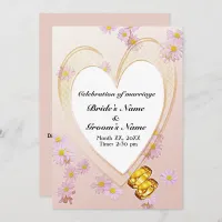 Pink Flowers Heart Frame & Gold Rings Wedding Invitation