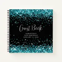 Dark Turquoise Glitter Black 50th Birthday Guest Notebook