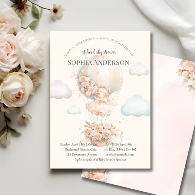 Fairy Floral Hot Air Balloon Baby Shower  Invitation