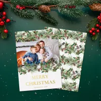 Elegant Christmas Photo Watercolor Greenery Gold Foil Holiday Card