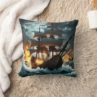 Pirate Ship Sailing Through Stormy Seas at Dusk Throw Pillow