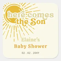 Here comes the son boho retro baby shower  square sticker