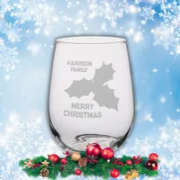 Monogram Merry Christmas with Family Name etched Stemless Wine Glass