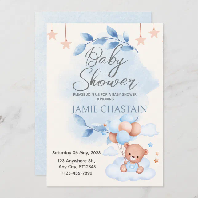 Blue Beige Cute Bear Baby Shower Invitations