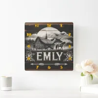 Rustic Barn and Horse at Sunset in Countryside Square Wall Clock