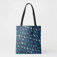 Rainy day pattern with blue raindrops tote bag