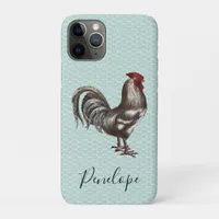 Vintage Rooster Chickenwire Teal Monogram iPhone 11 Pro Case