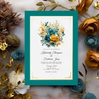 Teal and Gold Floral Wedding Foil Invitation