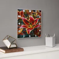 Vibrant Lily Blooms in a Garden at Dusk Square Wall Clock