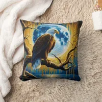 Eagle Perched on Branch Under Full Moonlight Throw Pillow