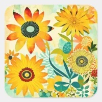 Pretty Yellow Flowers Whimsical Folk Art Square Sticker